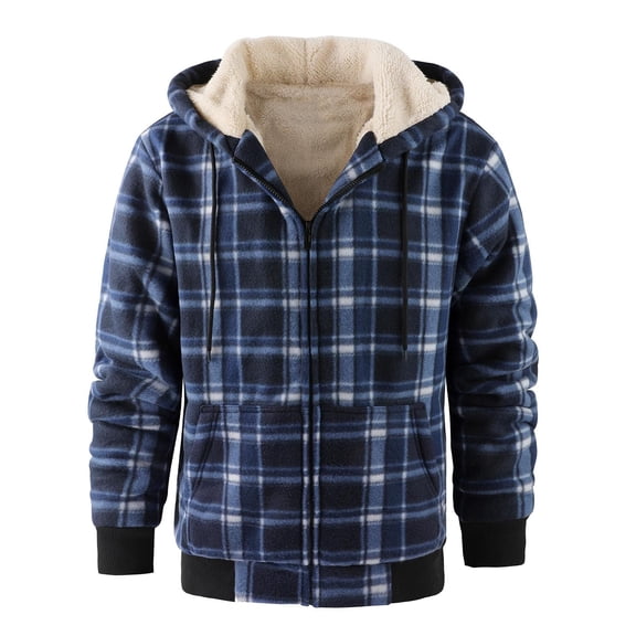 Mens Flannel Shirt Jacket Sherpa Lined Plaid Full Zip Hoodie Winter Fleece Coat Cotton Outwear for Winter