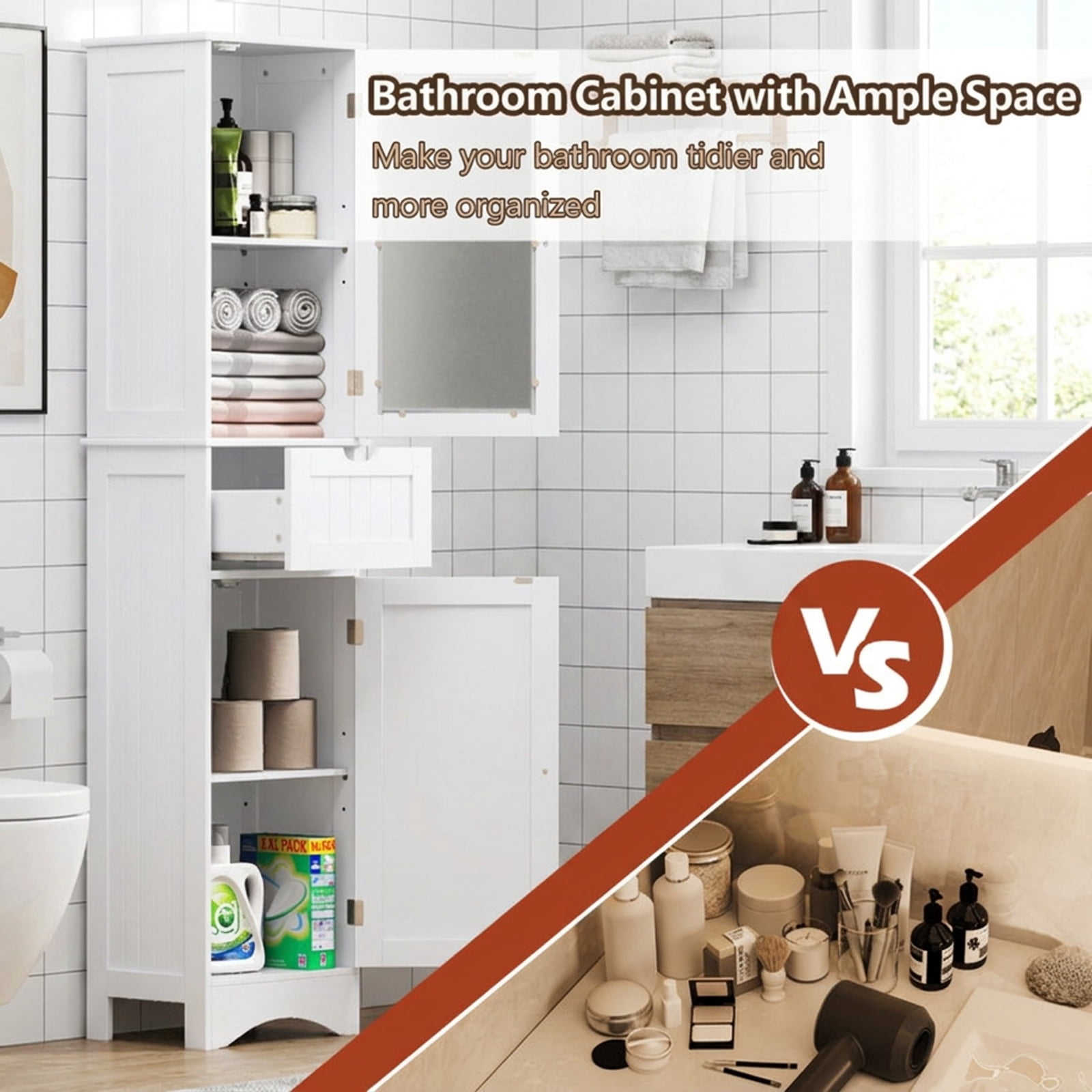 Vebreda Freestanding Bathroom Storage Cabinet, Tall Floor Storage Cabinet with 2 Doors and 1 Drawer for Bathroom, Fit Anywhere You Need