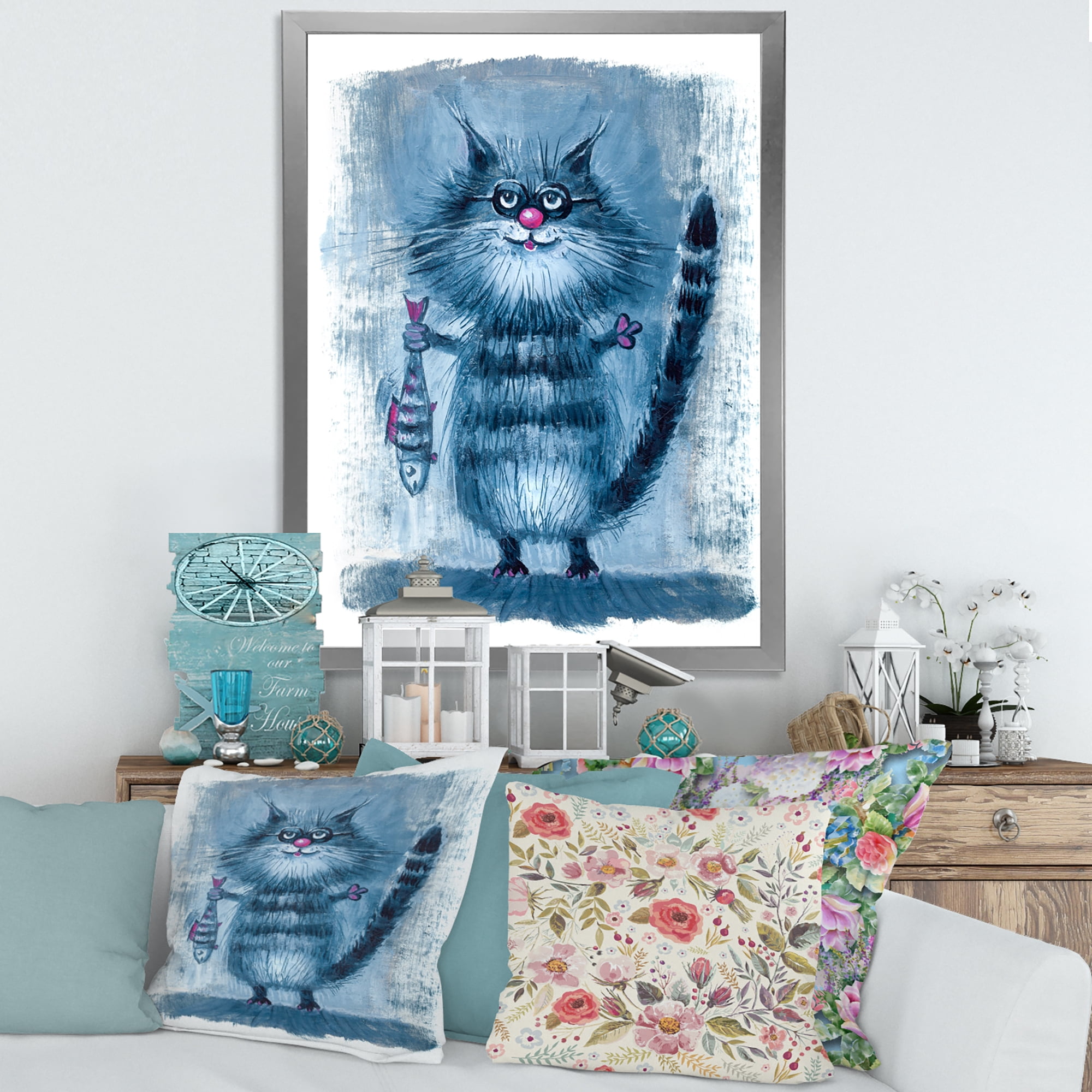 Designart 'Standing Cat Holding A Fish In Its Claws' Nautical & Coastal Framed Art Print