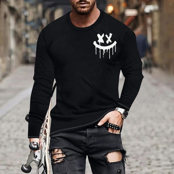 PNTUTB Men's Long Sleeve Crew Neck Top with Stylish Print for Fall/Winter Comfortable Casual Wear