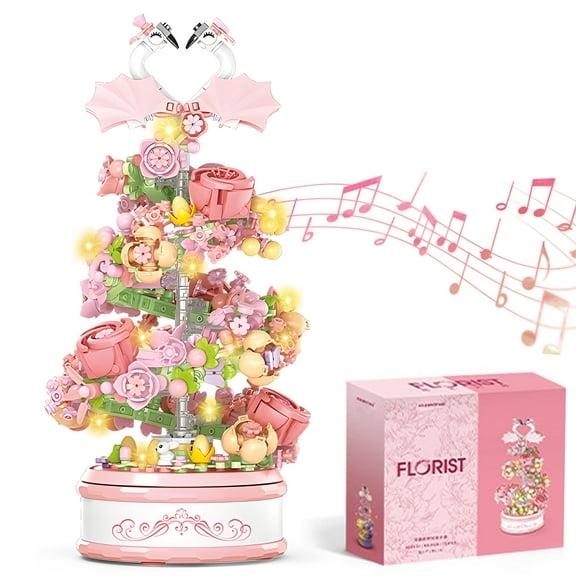Kahopy 713 Pcs Christmas Tree Building Blocks Music Box with Light, Pink Rotating Swan Music Box & Flower Bouquet Building Set