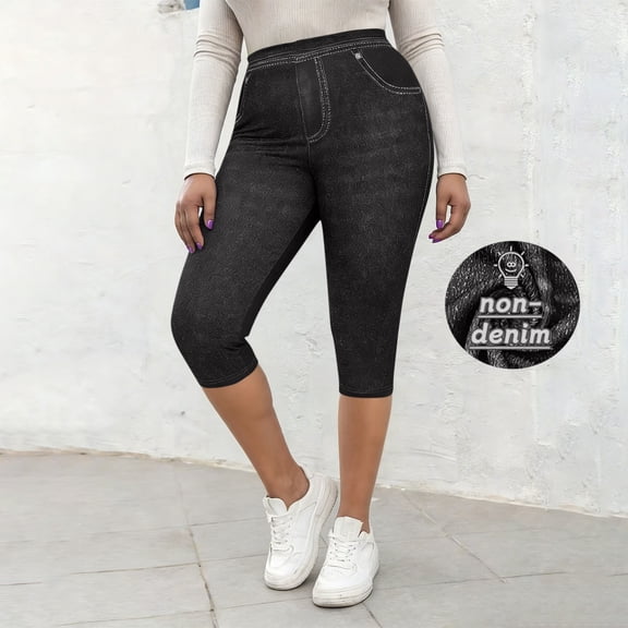 Tqcoqu Women's Faux Jeans Print Capris High Waist Pull On Knit Non-Denim Pants with Decorative Pockets,Dark Gray,Women's S-XXL