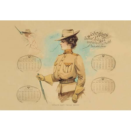 Promotional calendar from 1899 showing a woman wearing a US Marine Corps Rough Riders uniform  The John Haag company purveyor of butter and eggs in the Reading Terminal Market Philadelphia gave this