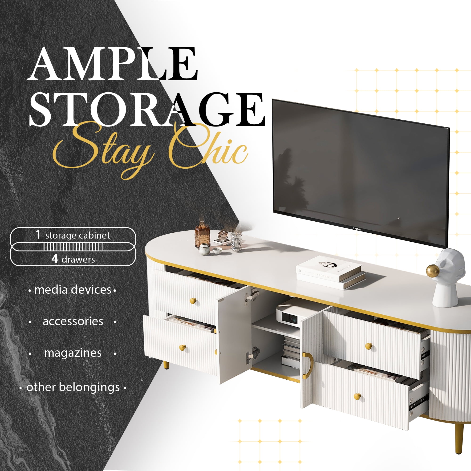 TV Stand for TVs up to 80 Inches, Entertainment Center with 4 Drawers and 1 Cabinet, Wood TV Console Table with Metal Legs and Handles for Living room