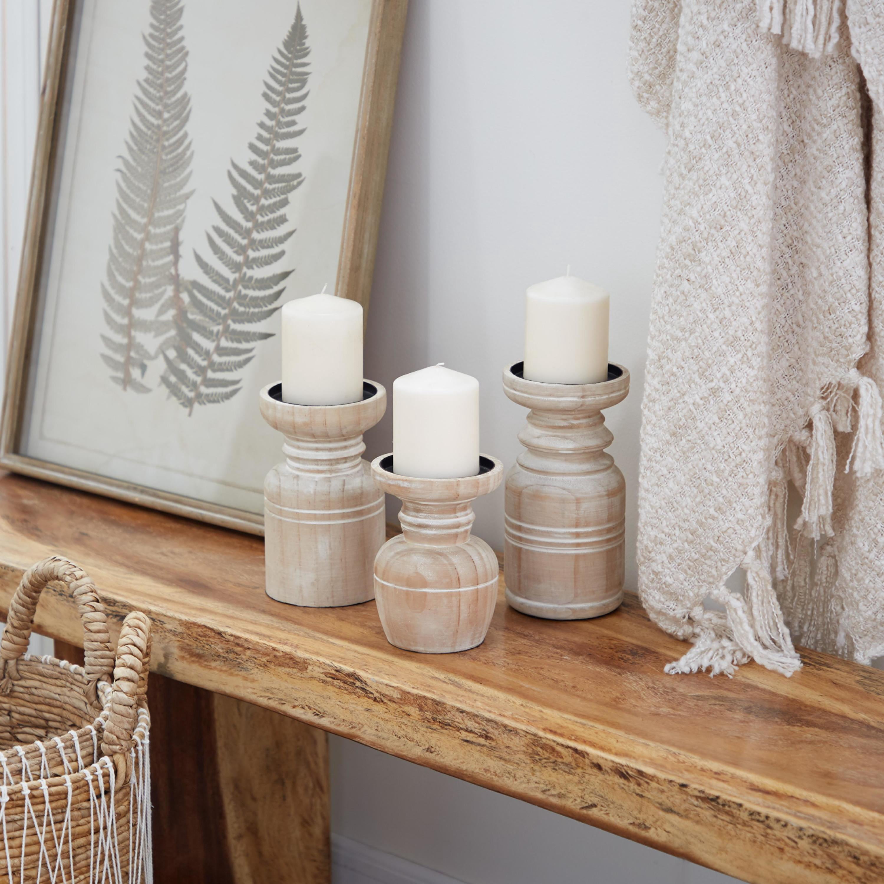 DecMode 3 Candle Brown Wood Pillar Candle Holder with White Wash Finish, Set of 3