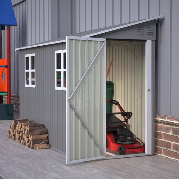 LZBEITEM 4 x 10 ft Outdoor Metal Storage Lean to Shed with Two Windows, Galvanized Floor Frame Kit, Lockable for Garden, Backyard 33 sq ft