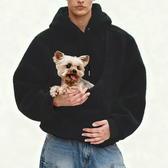 Stralyhd Cat Pouch Hoodie for Women Oversized Sweatshirts with Large Pocket Sharpa Warm Kangaroo Pouch Hoodie Long Sleeve Small Animal Carrier Pullover Black L