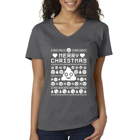 Emoji Merry Christmas New Way 595 - Women's V-Neck T-Shirt Merry Christmas Poop Emoji Ugly 2XL Charcoal ()