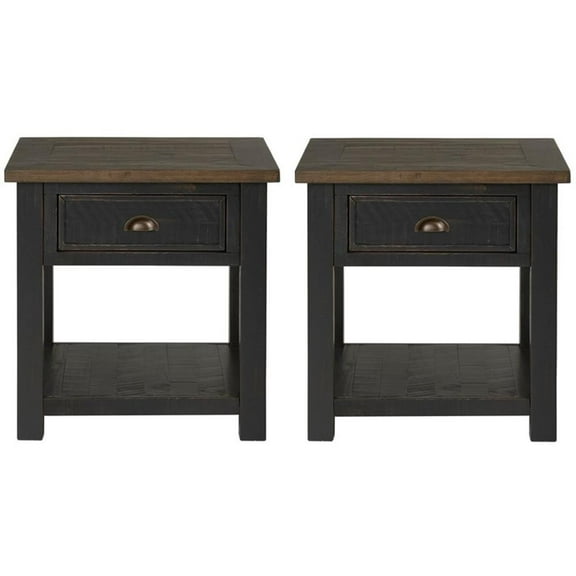 Home Square Monterey Solid Wood 1 Drawer End Table in Black & Brown - Set of 2