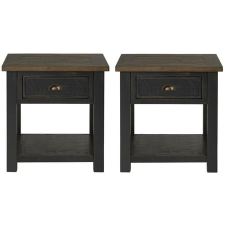Home Square Monterey Solid Wood 1 Drawer End Table in Black & Brown - Set of 2