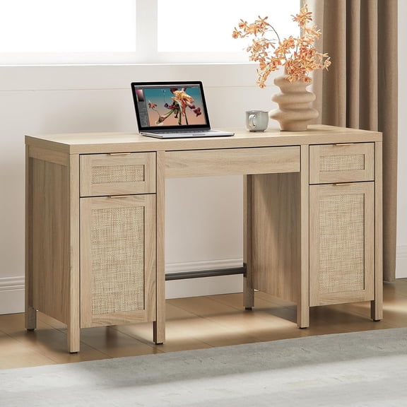 Rattan Home Office Desk With Storage Large Boho Executive Desk Computer Table With Three Drawers Two Cabinets Farmhouse Writing Table Desk Light Oak