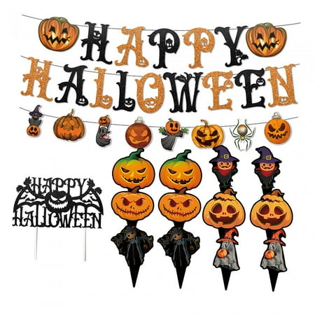 Halloween Banner Pumpkin Garland Halloween Decorations Halloween Party Supplies Pull Flag Colorful Cake Toppers for Farmhouse Porch Window Fireplace