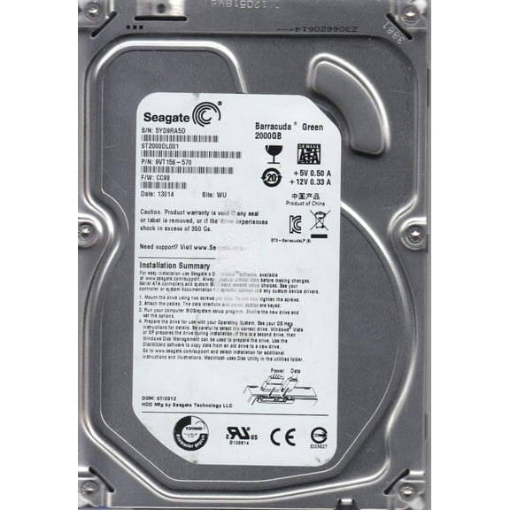 ST2000DL001, 5YD, WU, PN 9VT156-570, FW CC98, Seagate 2TB SATA 3.5 Hard Drive