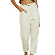 Women's Casual Corduroy Pants High Waisted Button Solid Straight Leg Pants Loose Comfy Lounge Trousers with Pockets