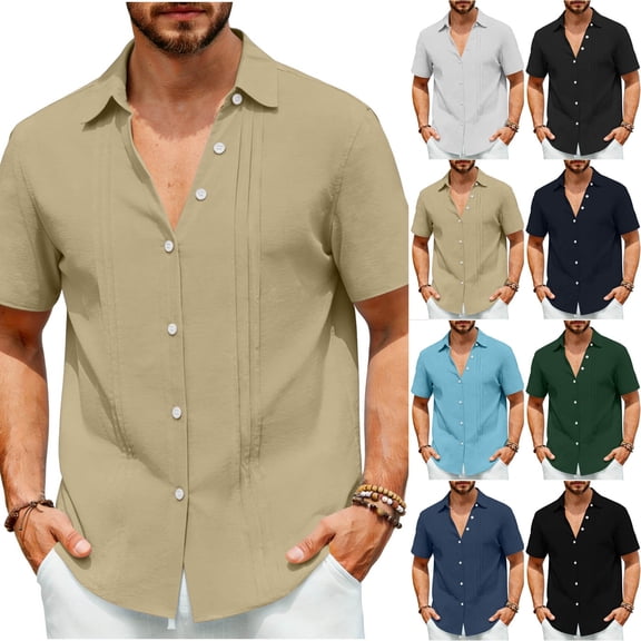 POIUYTR Men Summer Cotton Shirts Casual Loose Short Sleeve Collared Button Blouses Business Work Soft Comfy Solid Color Tops