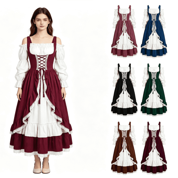 UPPADA Renaissance Peasant Dress Women Puff Sleeves Medieval Halloween Maid Costume Fairy Core Pirate Dresses Black,L