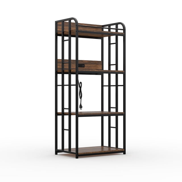 Adjustable 4-Tier Heavy Duty Kitchen Storage Rack - Freestanding Metal Frame & MDF Shelves, Space-Saving Organizer, Easy Assembly - Golden Armor, With Socket