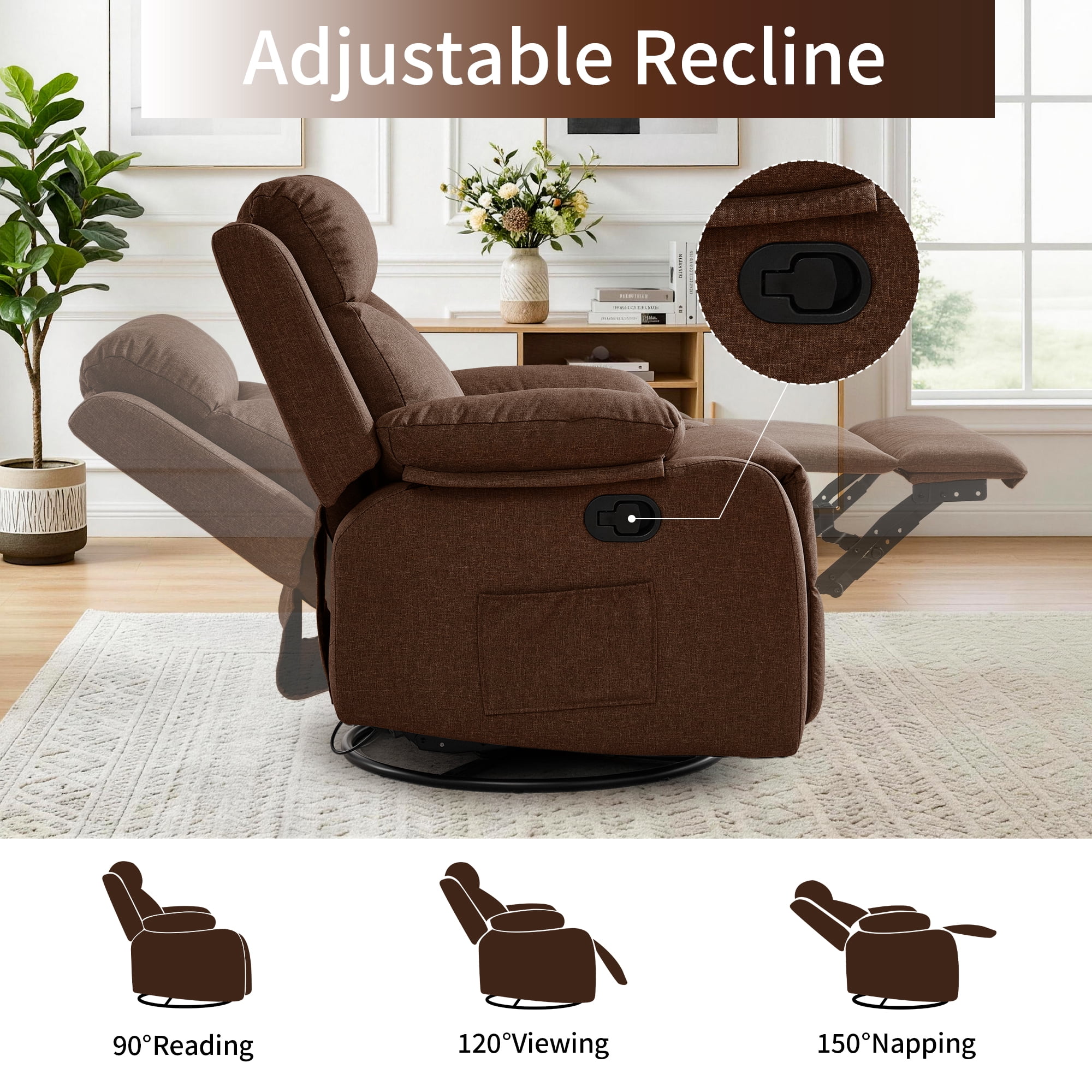 GEEYOO Manual Swivel Rocker Recliner Chair with Side Pockets,Small Recliner Chair for Small Spaces,Upholstered Linen Fabric Glider Nursery Chair for Living Room,Brown