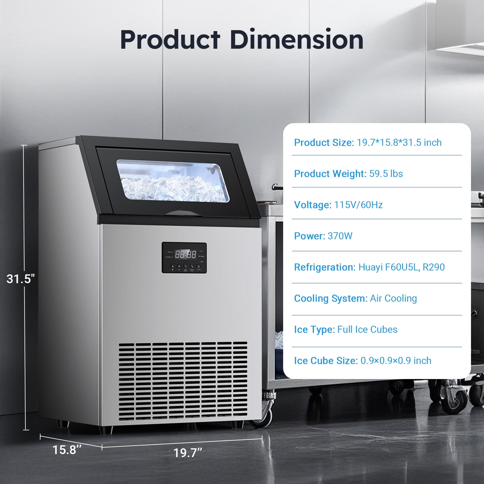 Commercial Ice Maker 150 lbs./24 H Freestanding Stainless Steel Ice Maker Full Size Cubes with 33 lbs. Storage