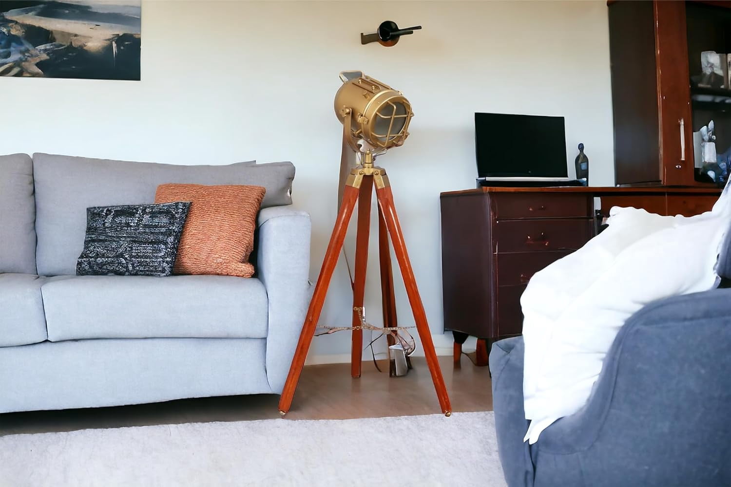 Antique Brass Nautical Searchlight Floor Lamp with Wooden Tripod Stand – Adjustable Height Metal Spotlight for Living Room, Bedroom, Office & Home Décor