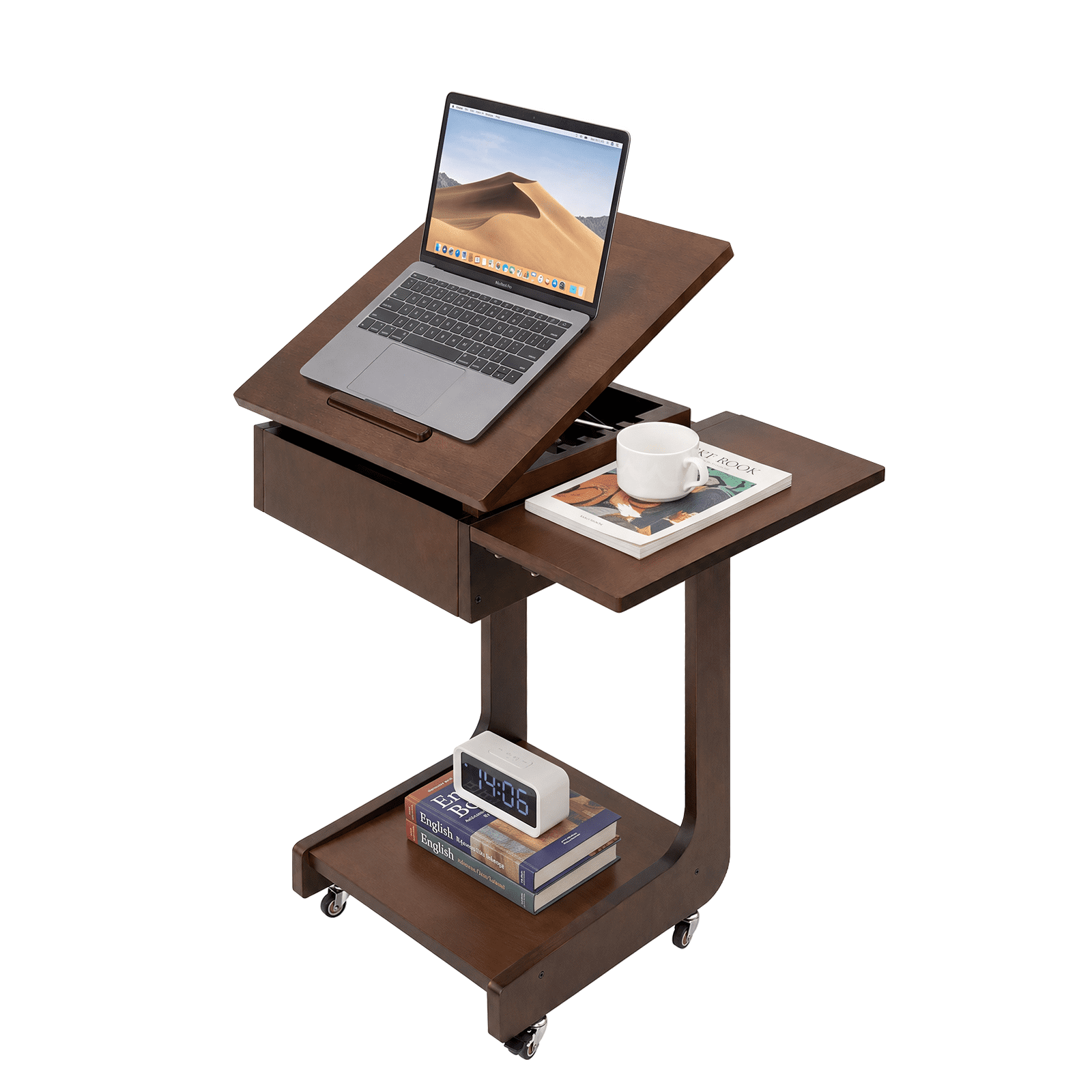 Solid Wood C-Shaped Side Table, 360° Rotating Desktop, Laptop Stand, Foldable Shelf, Lockable Casters