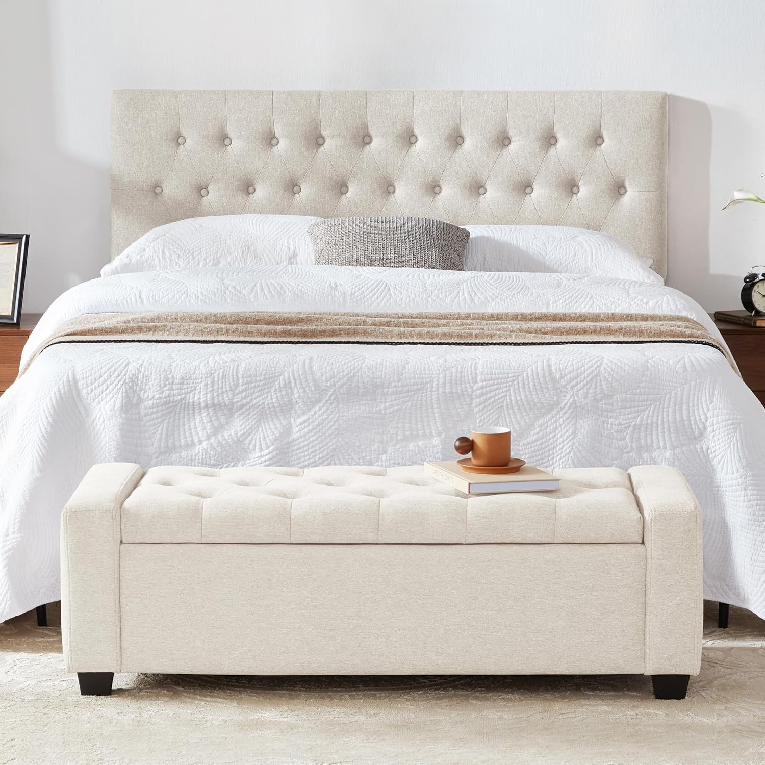 Weture Storage Ottoman Bench with Tufted, Safety Hinge & Upholstered Storage, 330 lb Limit, Beige