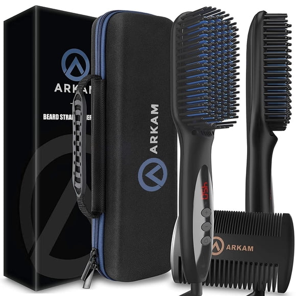 Arkam Lisseur de Barbe pour Hommes - Kit de Brosse à Barbe Chauffante Premium avec Fonction Anti-Brûlure, Peigne à Double Action et Étui de Voyage Rigide pour Moyen à