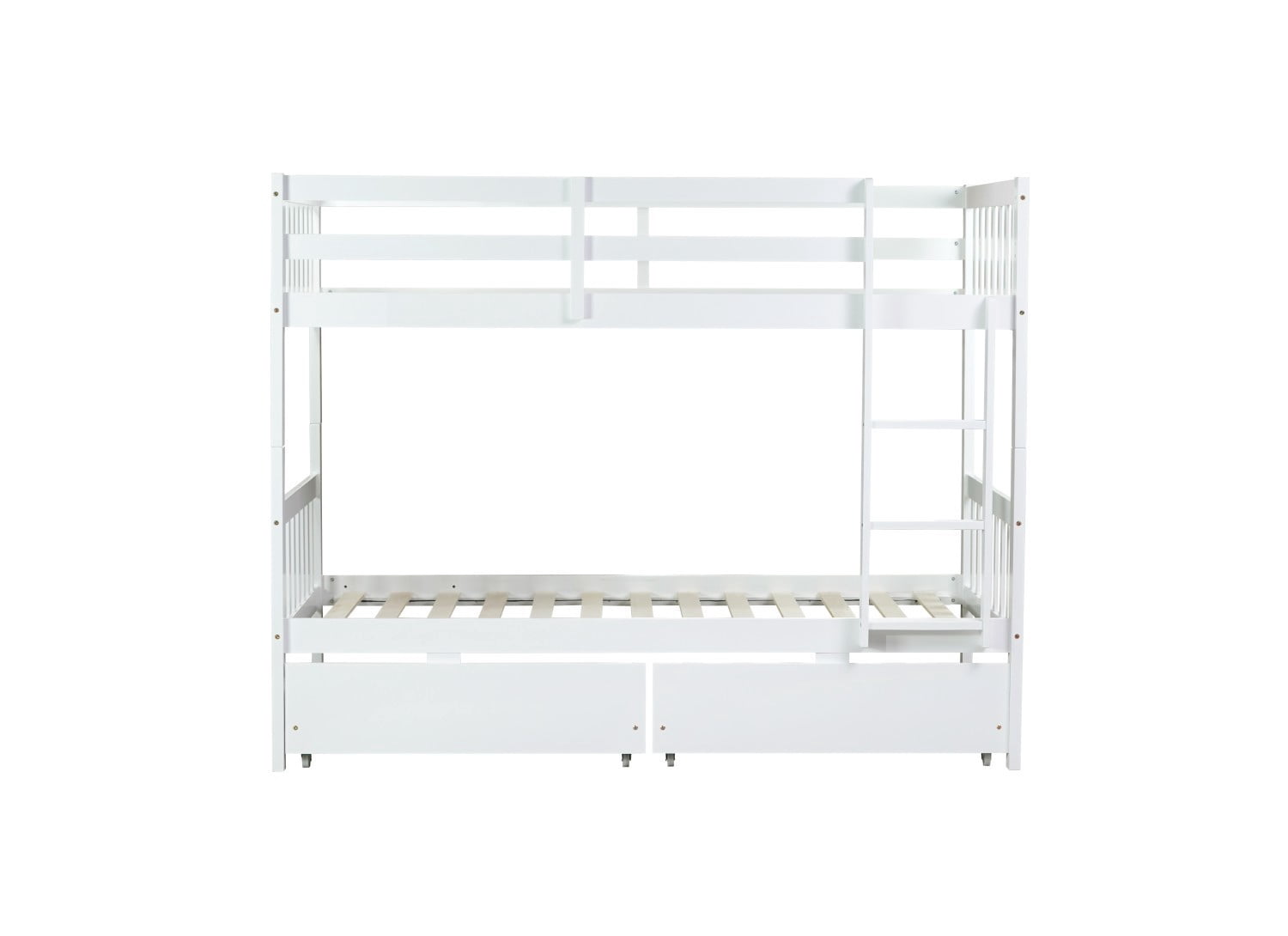 Twin Over Twin Rubber Wood Bunk Bed with Storage Drawers, Convertible Wood Bunk Bed Frame with Safety Guardrails and Ladder, Space Saving Kids Bed for Bedroom, White