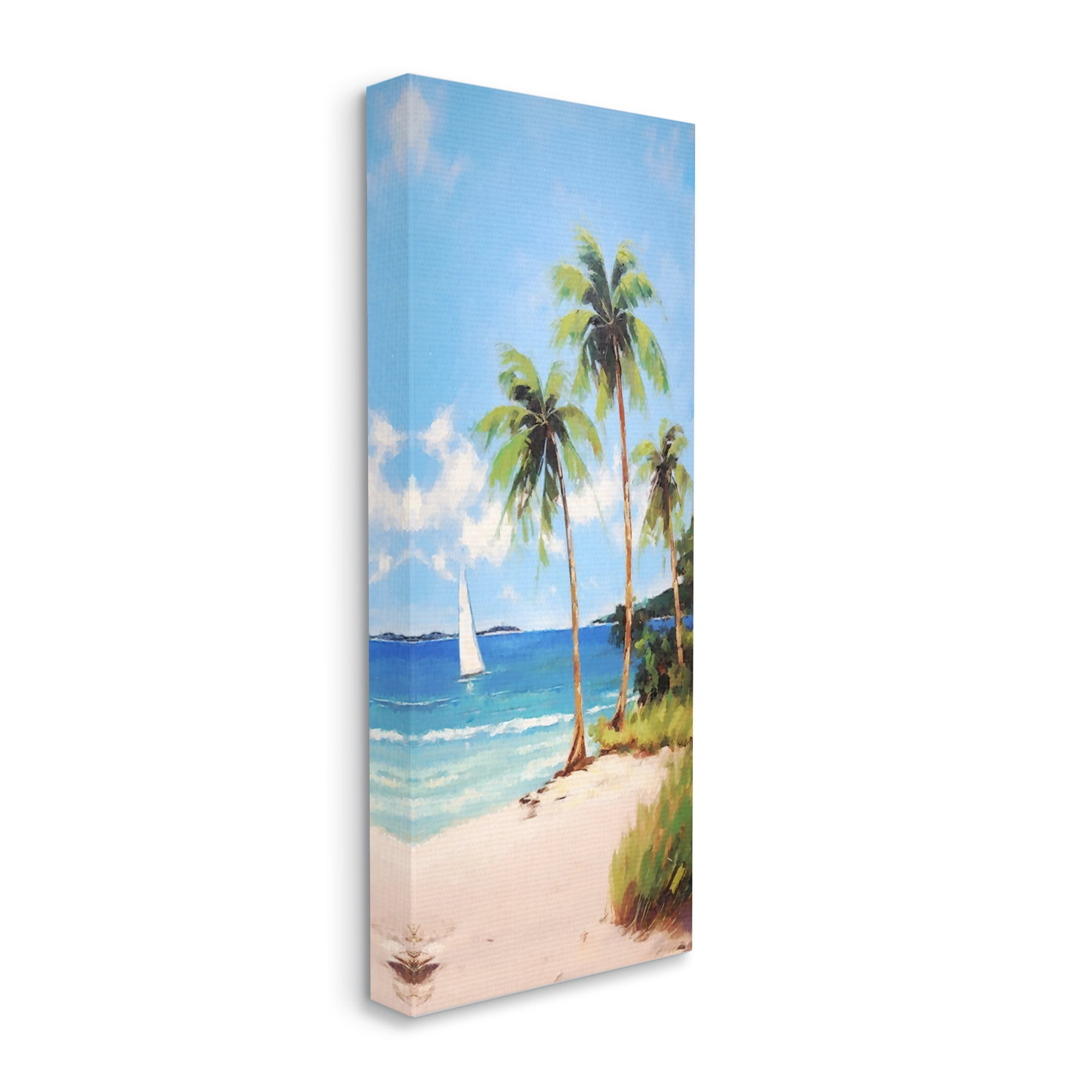 Stupell Industries Palm Trees & Sailboat Landscape Painting Gallery Wrapped Canvas Art Print Wall Art, 13 x 30
