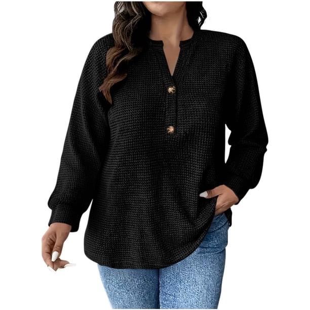 Mujeres Manga Larga Tops Casual Botón de Color Sólido Cuello en V Suéter Blusa de Moda para Primavera Verano