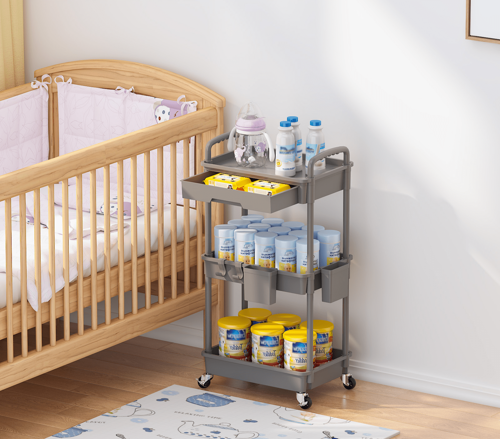 LLMRR 3 Tier Rolling Utility Cart with Drawer, Cart with Drawer & Handle, Bathroom Cart Organizer, Rolling Storage Cart with Drawer, Rolling Cart with Lockable Wheels for Kitchen, Office, Gray