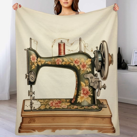 Flannel Blanket for Living Room Vintage Sewing Machine Couch Blanket Super Soft Flannel Throw Blanket for Couch Bed Sewing Machine Flower Throw Blanket Gift for Kids Family And Friends 60"x80"