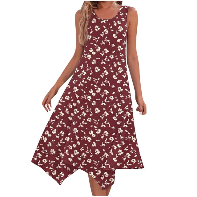 Vestido de Verano para Mujeres sin Mangas Cuello Redondo Impreso Vestido Casual de Bolsillo con Doblado Irregular, Vestido de Poliéster Ligero para la Primavera Y el Verano de Uso Diario, Vacaciones