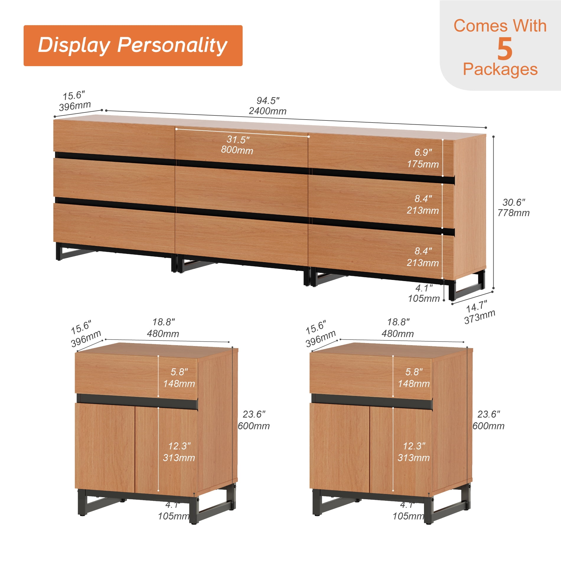 WAMPAT 4-Piece Dresser & Nightstand Set, 94.5 Inch 6-Drawer Dresser & 2 Nightstands with Drawer & Cabinet, Bedroom Furniture Collection