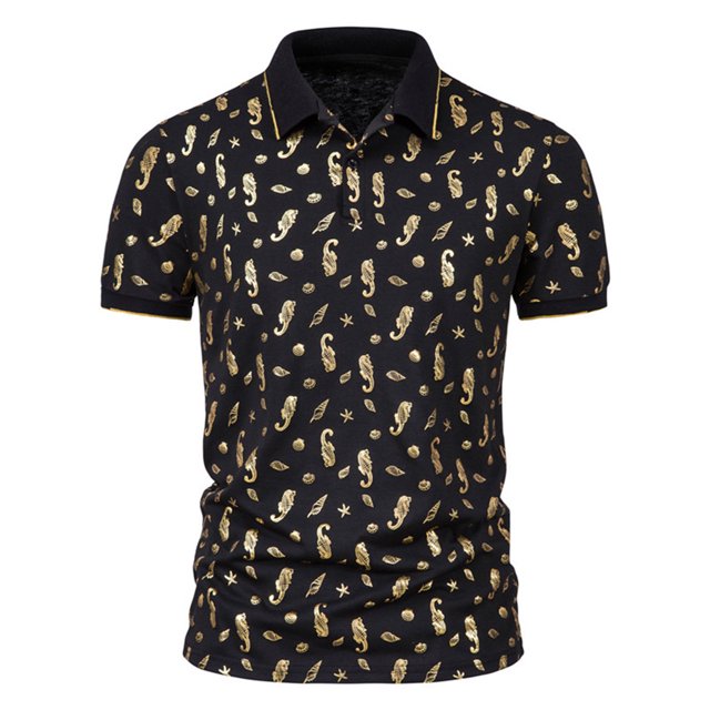 CEHVOM Fashion Men's Collar Top Stand Collar Print Short Sleeve Button Matching Summer