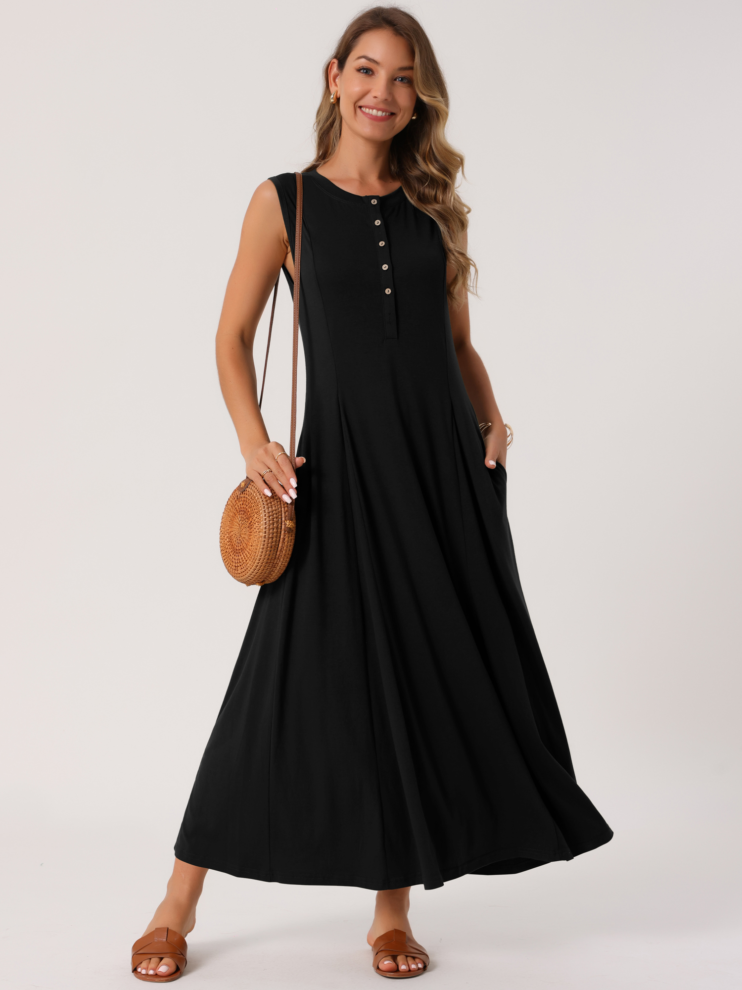 DARING DIVA Sleeveless Button A-Line Casual Maxi Dress M Black