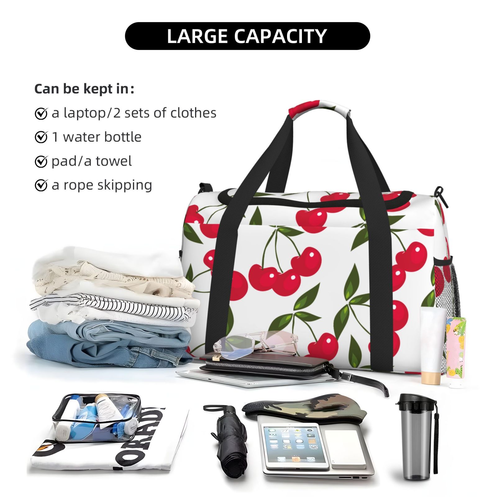 Kuqiui Cherry Print Foldable Travel Duffel Bag Tote Carry on Luggage Bag Personal item Sports Gym Bag Water Resistant Weekender Overnight Bags for Women and Men