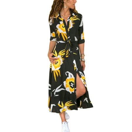 Sleek Tea Dress - Women Button Through Long Maxi Shirt Dress Casual Loose V Neck Floral Print Boho Holiday Party Pocket Belt Tie Tea Dress