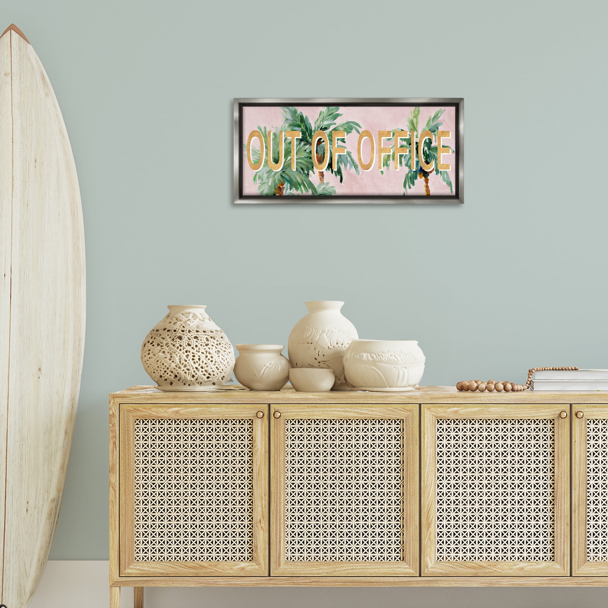 Stupell Industries Out Of Office Palms Typography Painting Gray Floater Framed Canvas Art Print Wall Art, 31 x 14
