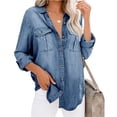 thumbnail image 2 of Women Button Down Denim Shirt Long Sleeve Roll Up Casual Oversized Jean Jacket Distressed Tunic Top, 2 of 7