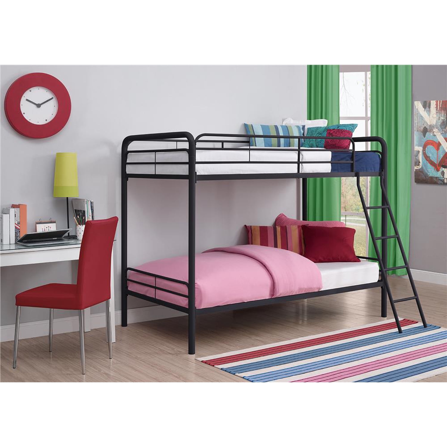 Harper/&Bright Designs Metal Twin Over Twin Bunk Beds with Angled Ladder Twin Bunk Beds for Kids No Box Spring Required Angled Ladder Black