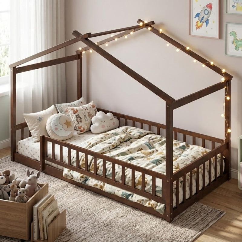 Twin Size Wood House Bed Floor Bed with Fence and Guardrails, Kids Playhouse Bed Toddler Bed Montessori Bed for Kids Boys Girls, No Box Spring Needed