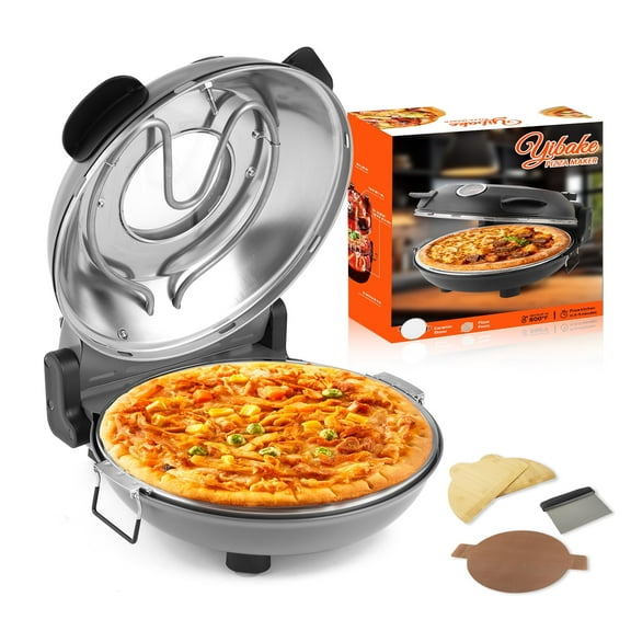 YIBAKE 12’’ Electric Pizza Oven Indoor Countertop Oven Pizza Maker 1200W 5-Min Crisp Dual Knob Control Gray