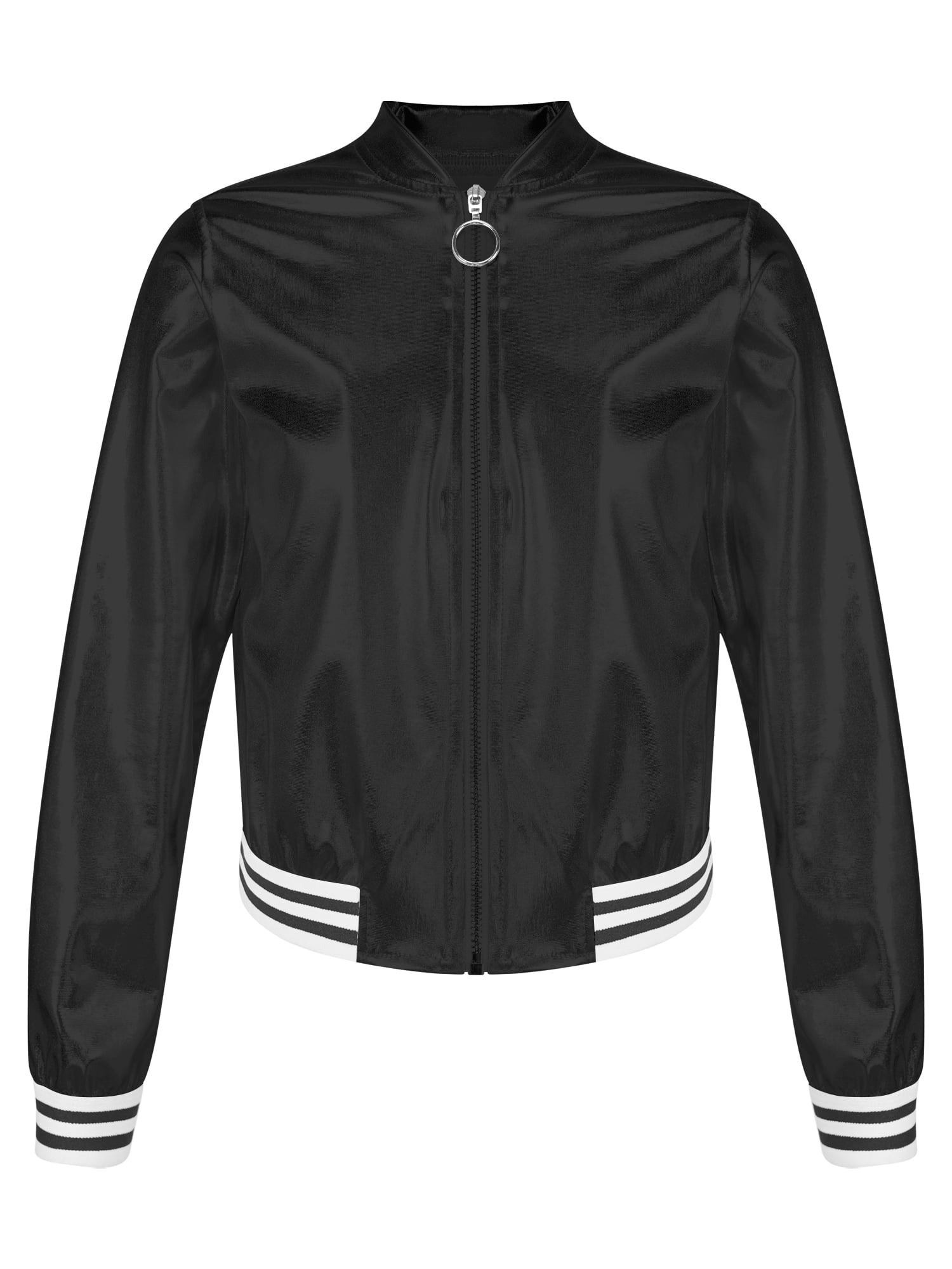 renvena Kids Girls Shiny Baseball Jacket Long Sleeve Sparkle Metallic