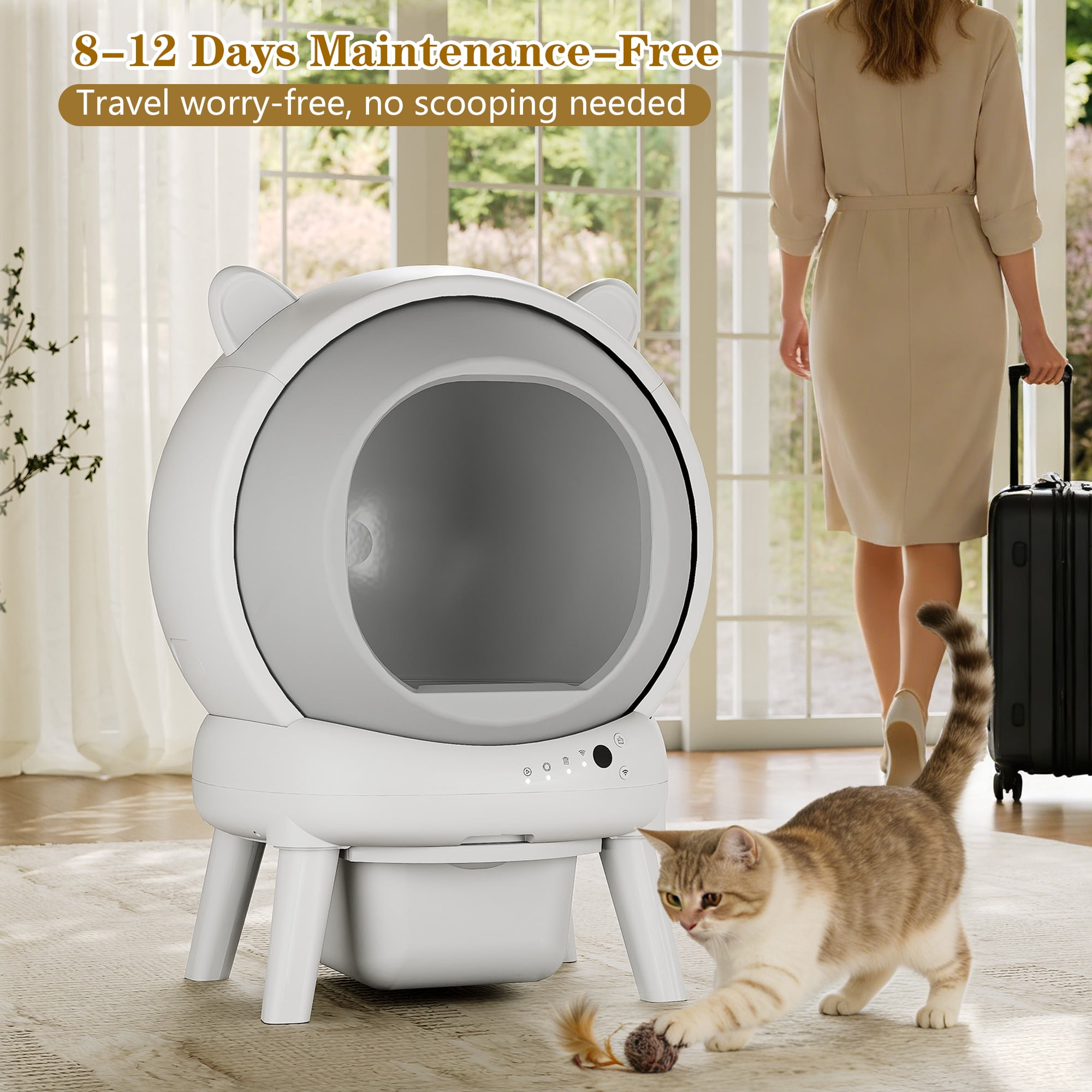 HLR 70L Smart Automatic Self-Cleaning Cat Litter Box, APP Control/Integrated Safety Protection, Cat Ears Design, White