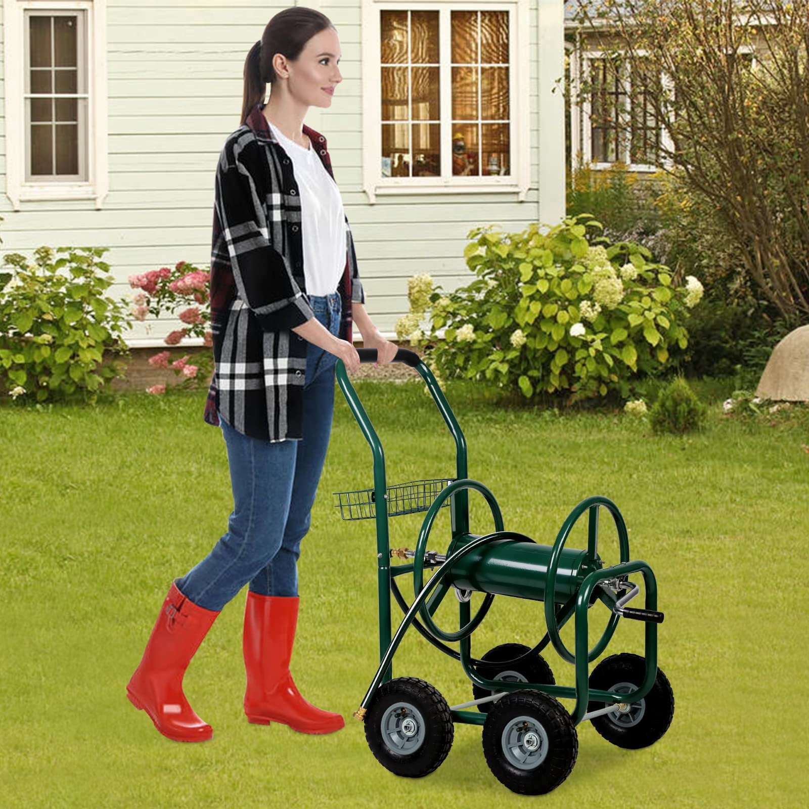 Garden Hose Reel Cart,  Hose Reel Cart with  4 Wheels, Heavy Duty Outdoor Water Planting Truck with Storage Basket (Green)