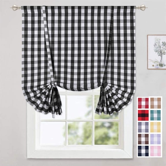 MURMUREY Tie Up Curtains for Kitchen Windows, Buffalo Check Plaid Gingham Farmhouse Rod Pocket Adjustable Tie Up Shades for Kitchen Cafe Curtains Valance, 42x63 Inches, Black and White