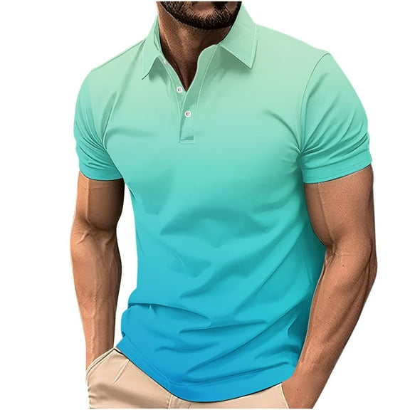 Odbmxy Mens Shirts Short Sleeve Polo Turn Down Collar T Shirts for Men Leisure Regular Button Gradient Print Shirts,Blue M