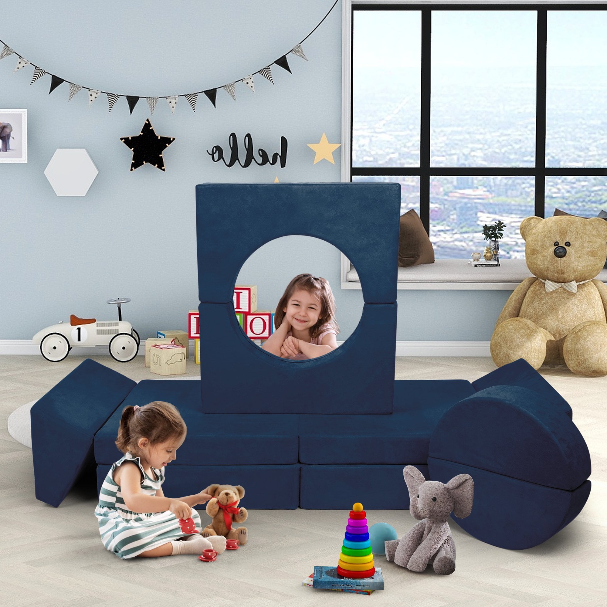 Tolead 8 Pcs Modular Kids Blue Couch Sectional Play Child Furniture, Convertible Sofa, Imaginative
