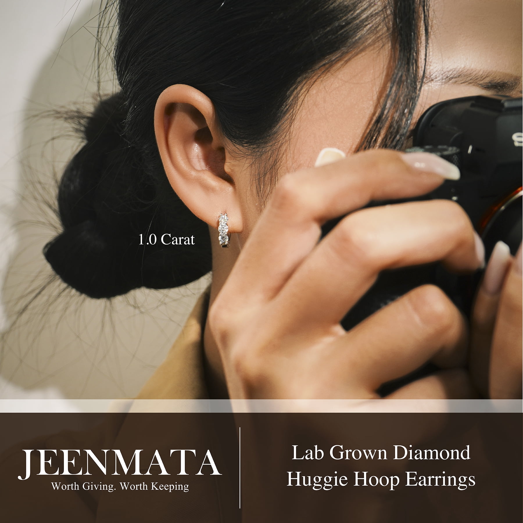 JeenMata 1 Carat Lab Grown Diamond Huggie Hoop Earring - Round Cut Three Stones Huggie Earrings in 18K White Gold Plating for Women, Gift for Her